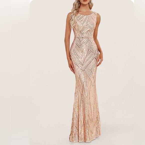 Luxedo Champagne/Rose Gold Dazzling Brilliance Sequin Maxi Dress. - Picture 3 of 11